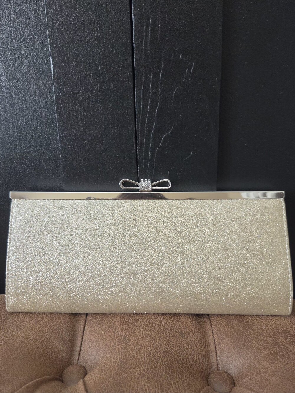 INC International Concepts Gold Glitter Bow-Top Clutch with Silver Accents